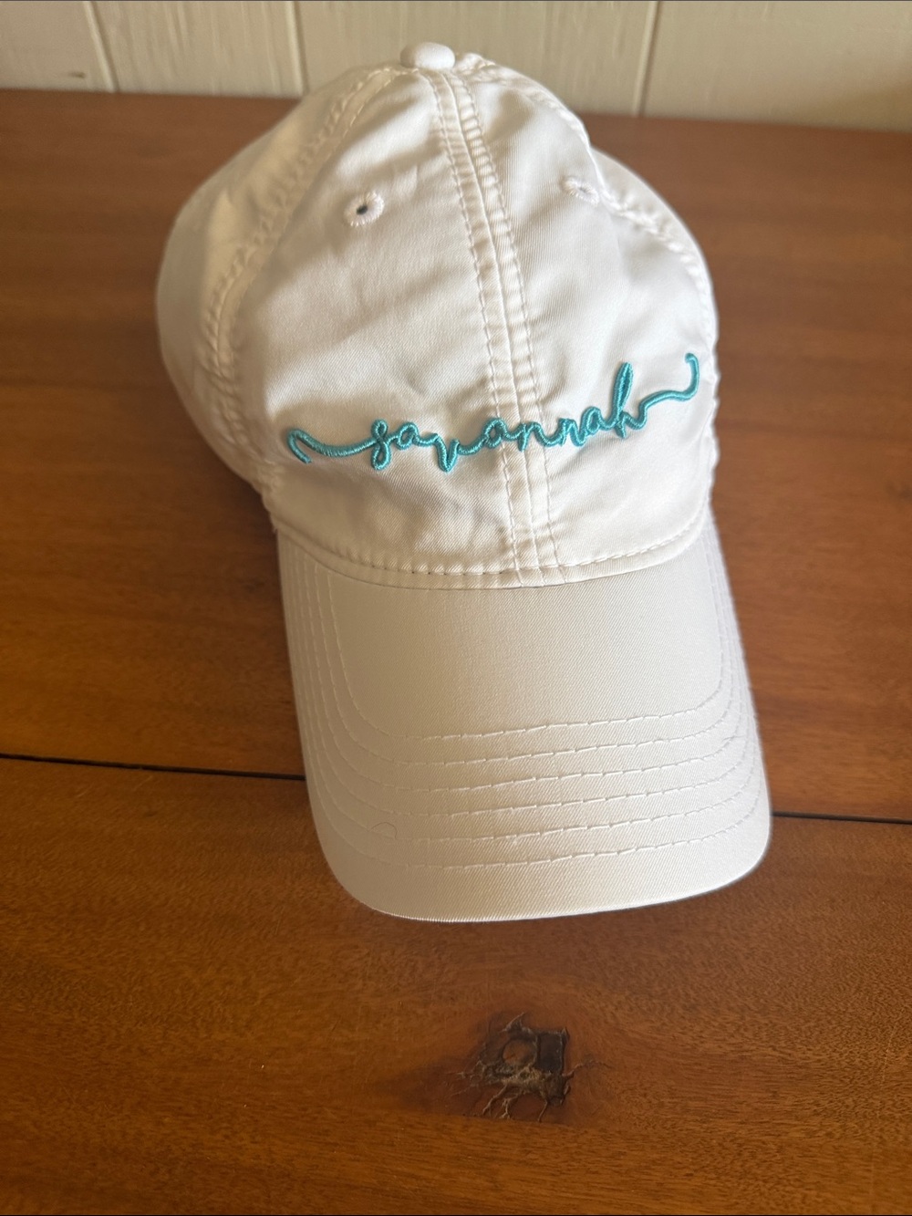 Savannah White Baseball Cap with Teal Script